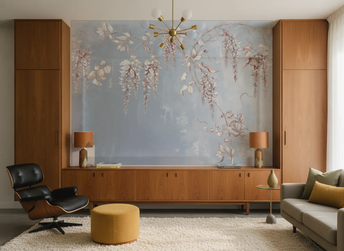 Pergola — Salon mid-century — ściana między tekowymi szafami