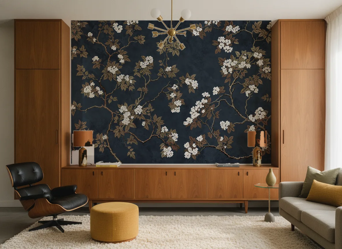 Tessaro — Salon mid-century — ściana między tekowymi szafami
