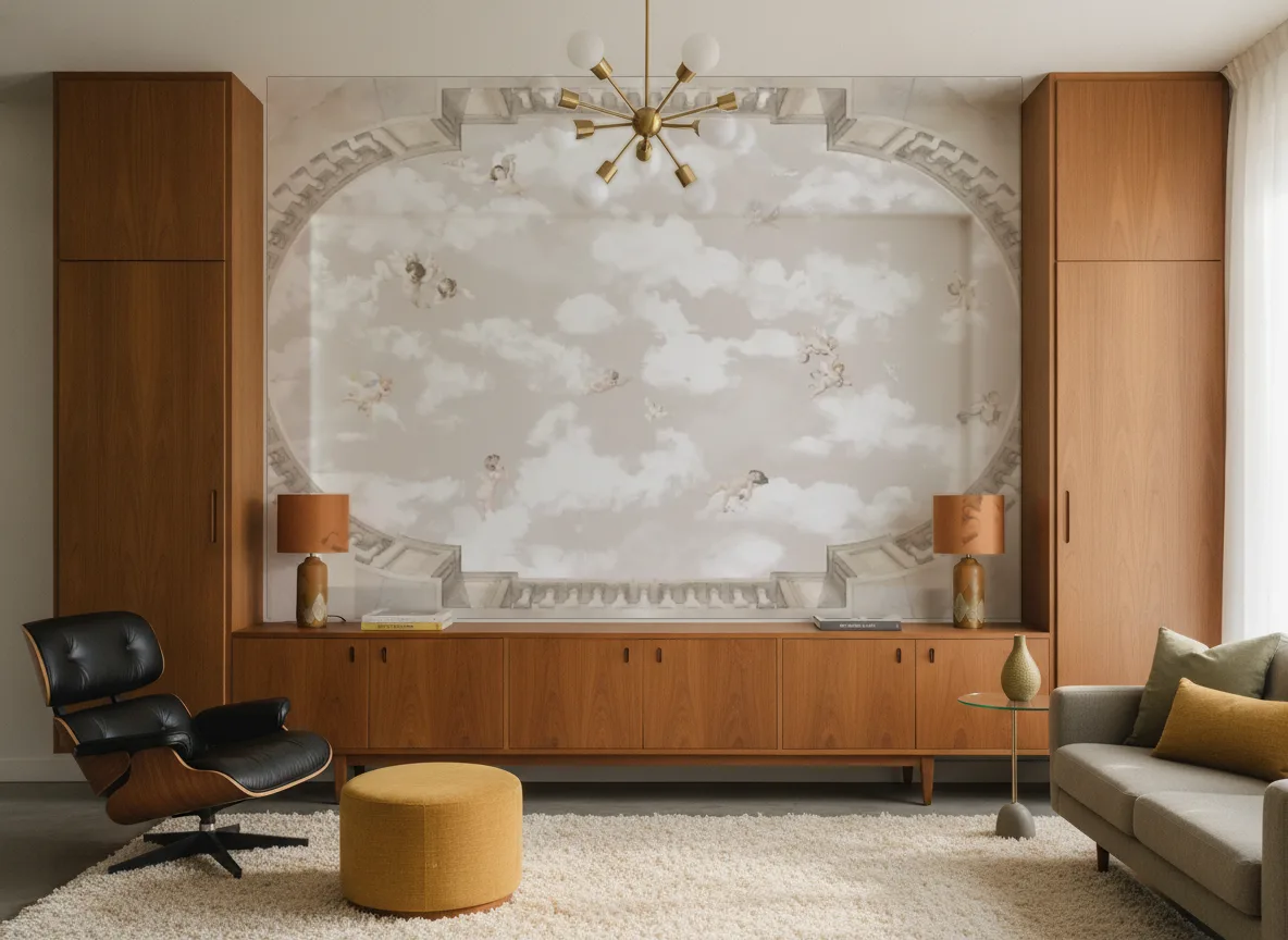 Amore — Salon mid-century — ściana między tekowymi szafami