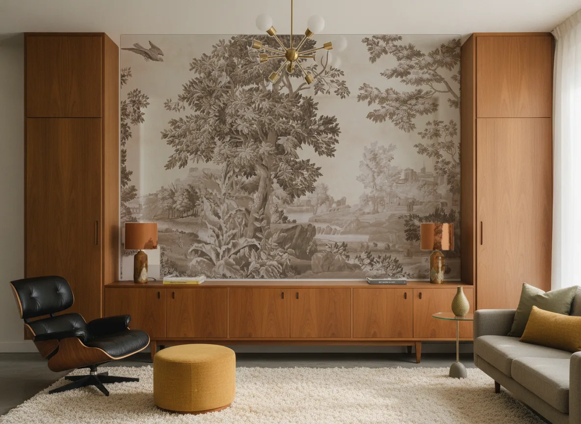 Kano — Salon mid-century — ściana między tekowymi szafami