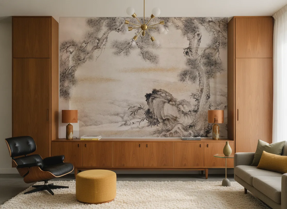 Kiri — Salon mid-century — ściana między tekowymi szafami