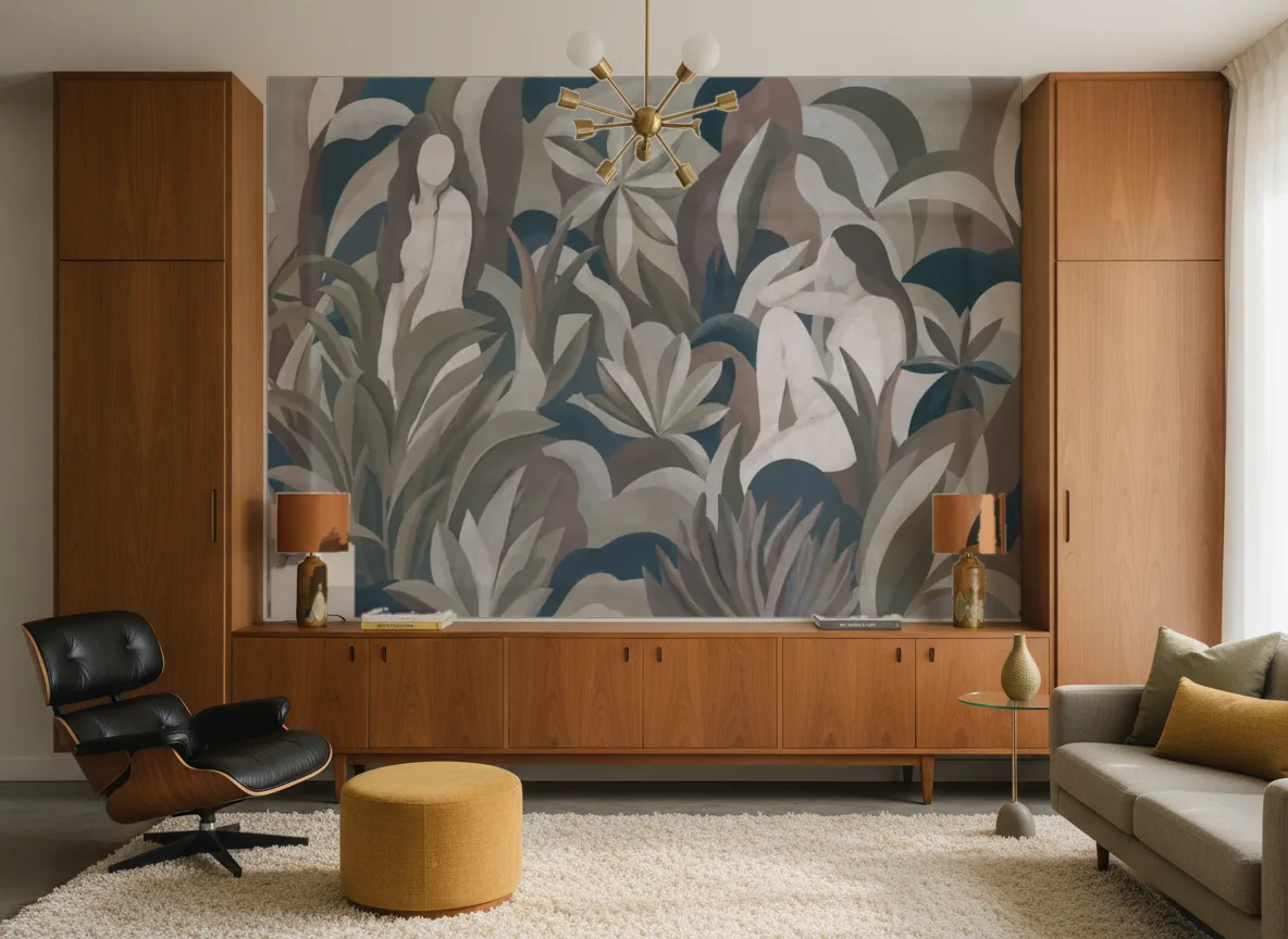 Lilith — Salon mid-century — ściana między tekowymi szafami