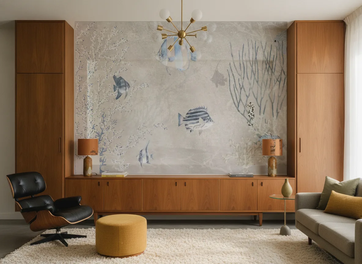 Nerissa — Salon mid-century — ściana między tekowymi szafami