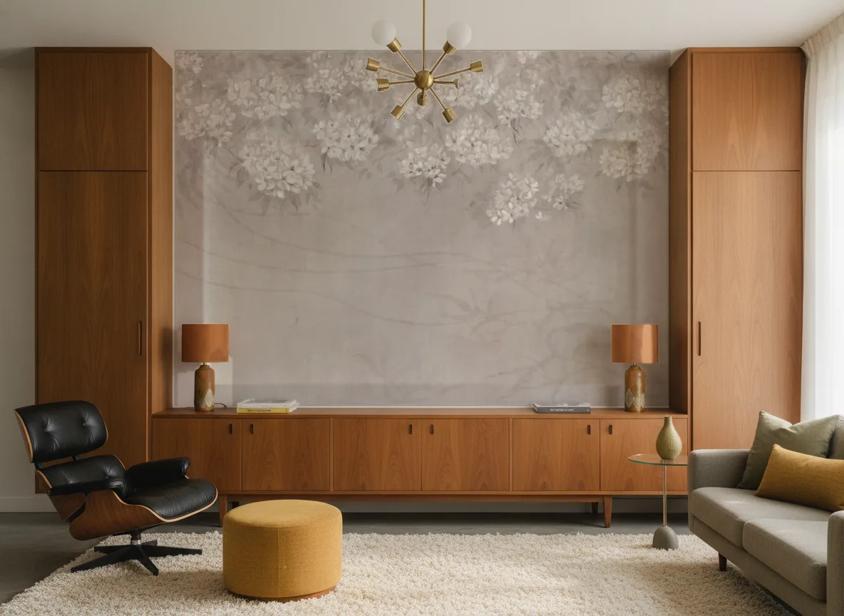Ortensia — Salon mid-century — ściana między tekowymi szafami