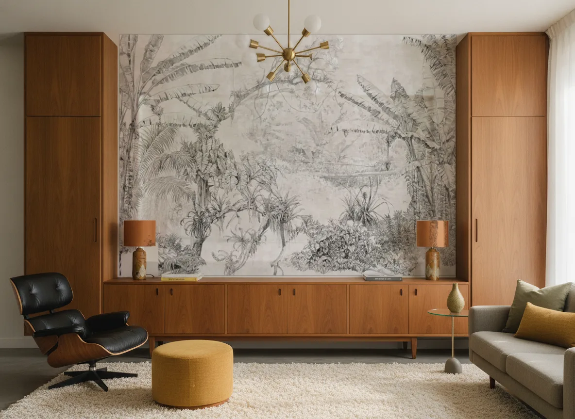 Rina — Salon mid-century — ściana między tekowymi szafami