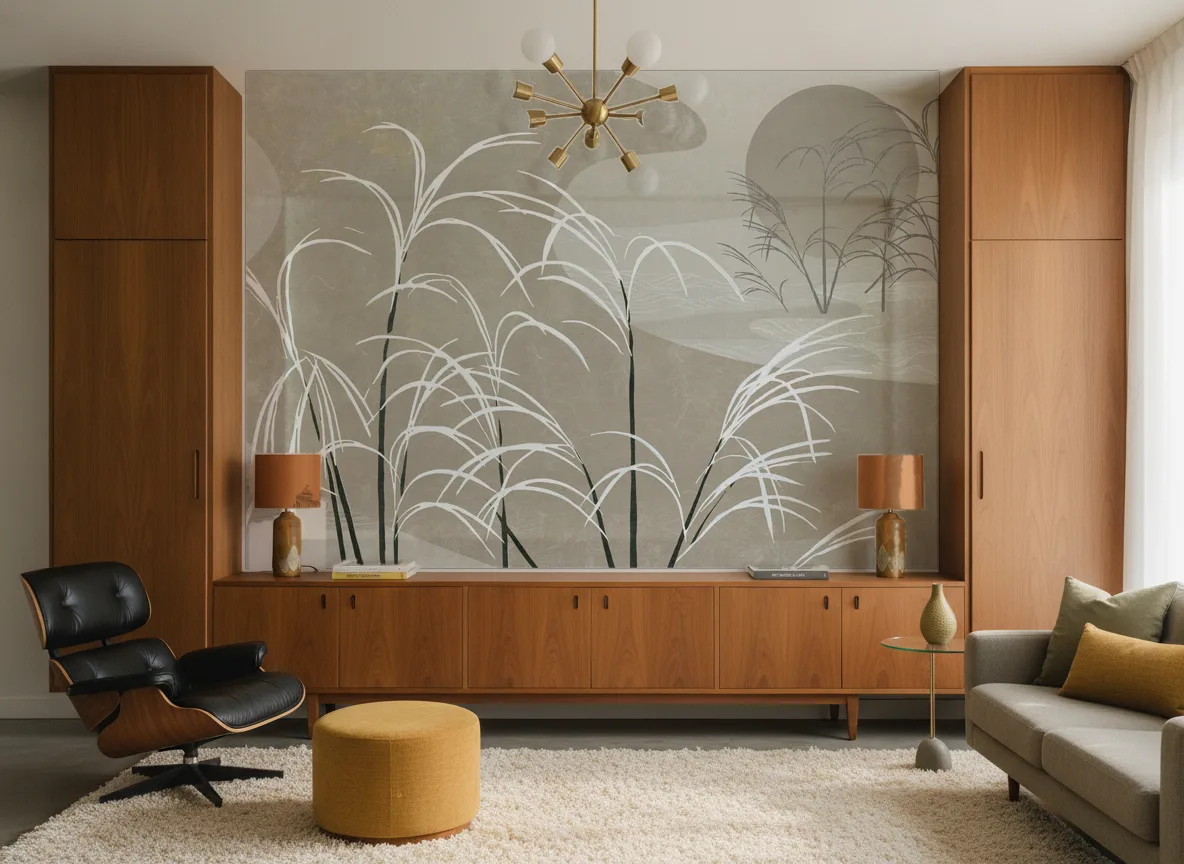 Sava — Salon mid-century — ściana między tekowymi szafami