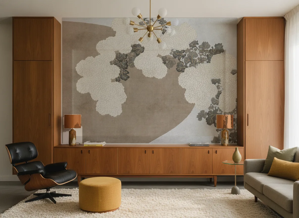 Sekka — Salon mid-century — ściana między tekowymi szafami