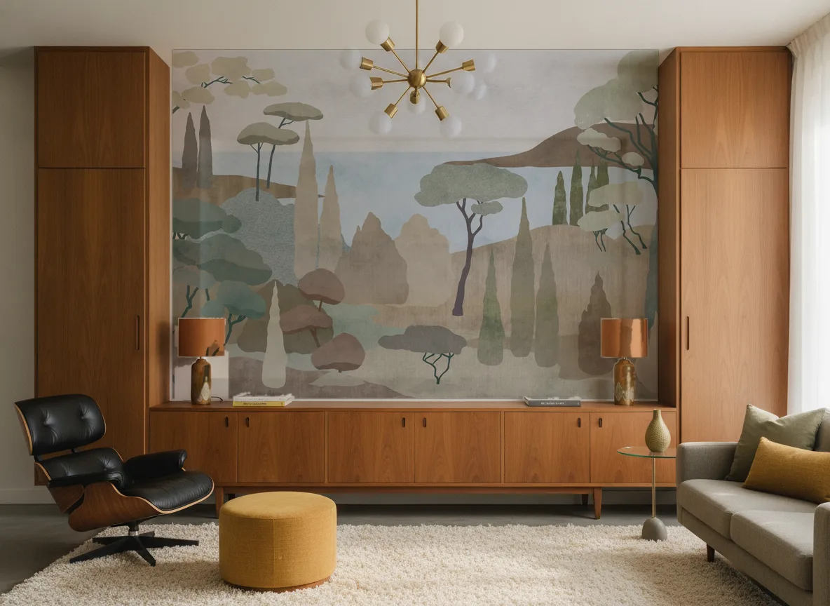 Soma — Salon mid-century — ściana między tekowymi szafami