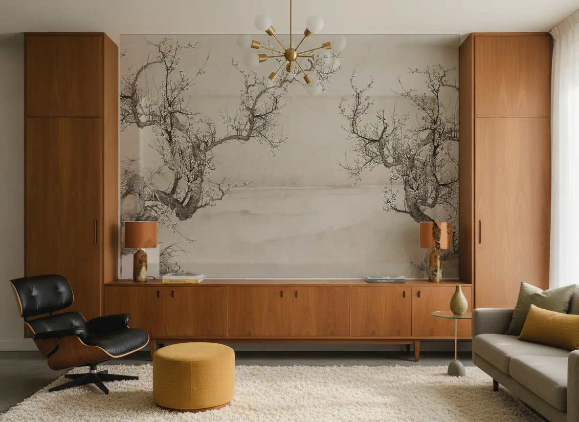Ume — Salon mid-century — ściana między tekowymi szafami