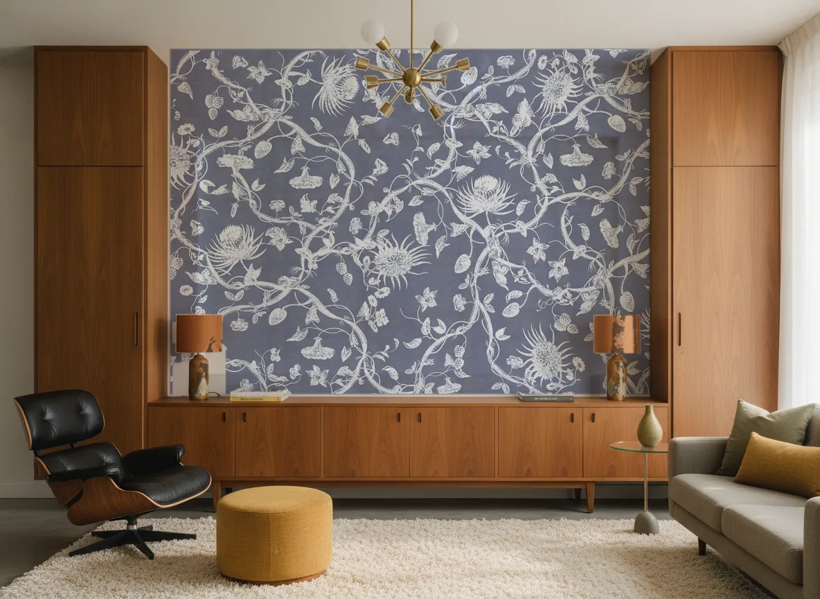 Zelia — Salon mid-century — ściana między tekowymi szafami