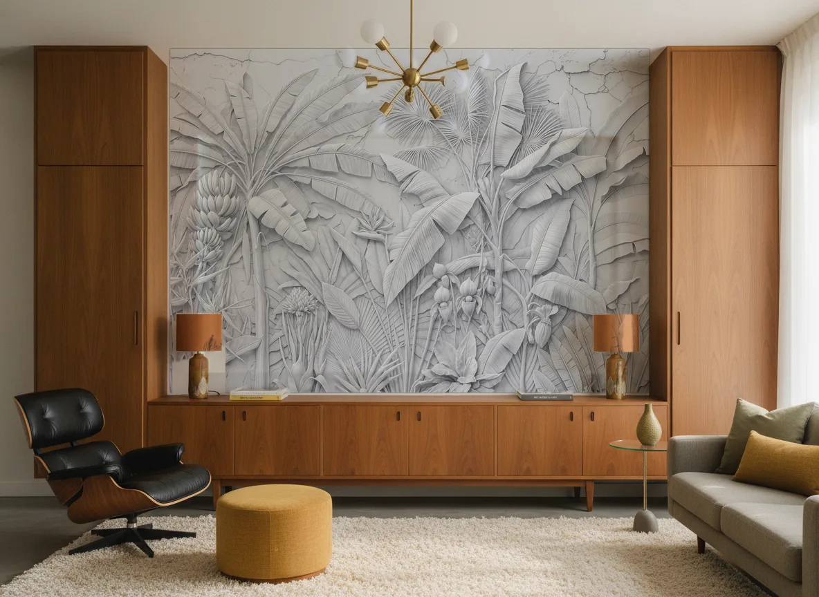 Desert — Salon mid-century — ściana między tekowymi szafami