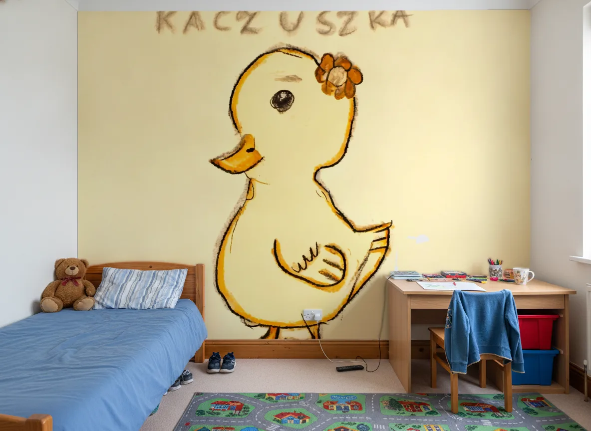 Kaczuszka — Pokój dziecka — ściana za łóżkiem i biurkiem