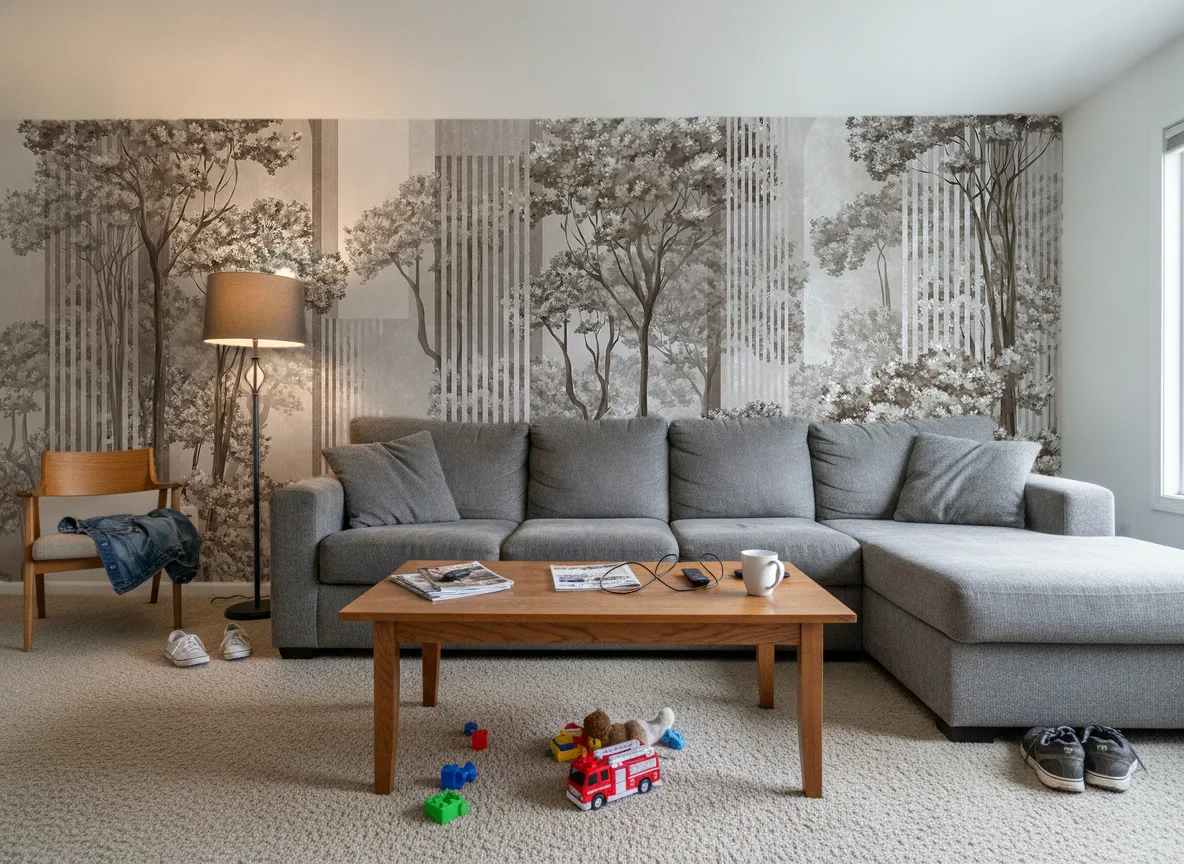 Woodline — Salon w domu — ściana za sofą