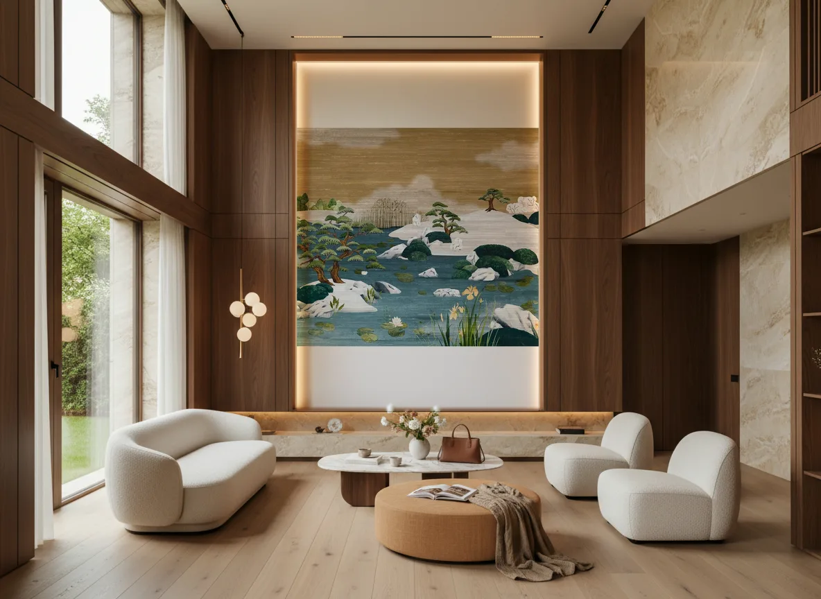 Adachi Exploration — Salon — wysoka ściana w ramie z drewna