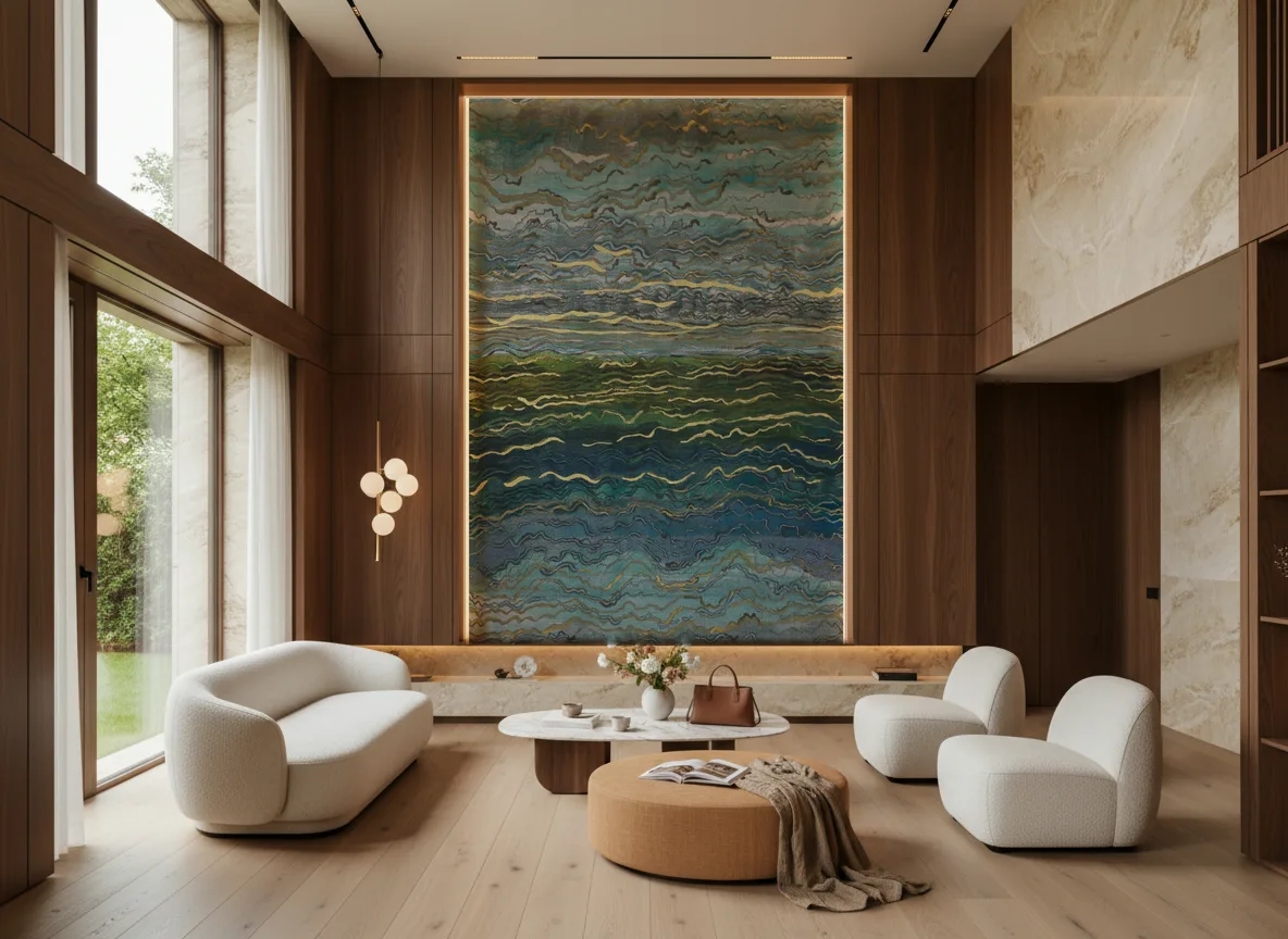 Azurite — Salon — wysoka ściana w ramie z drewna