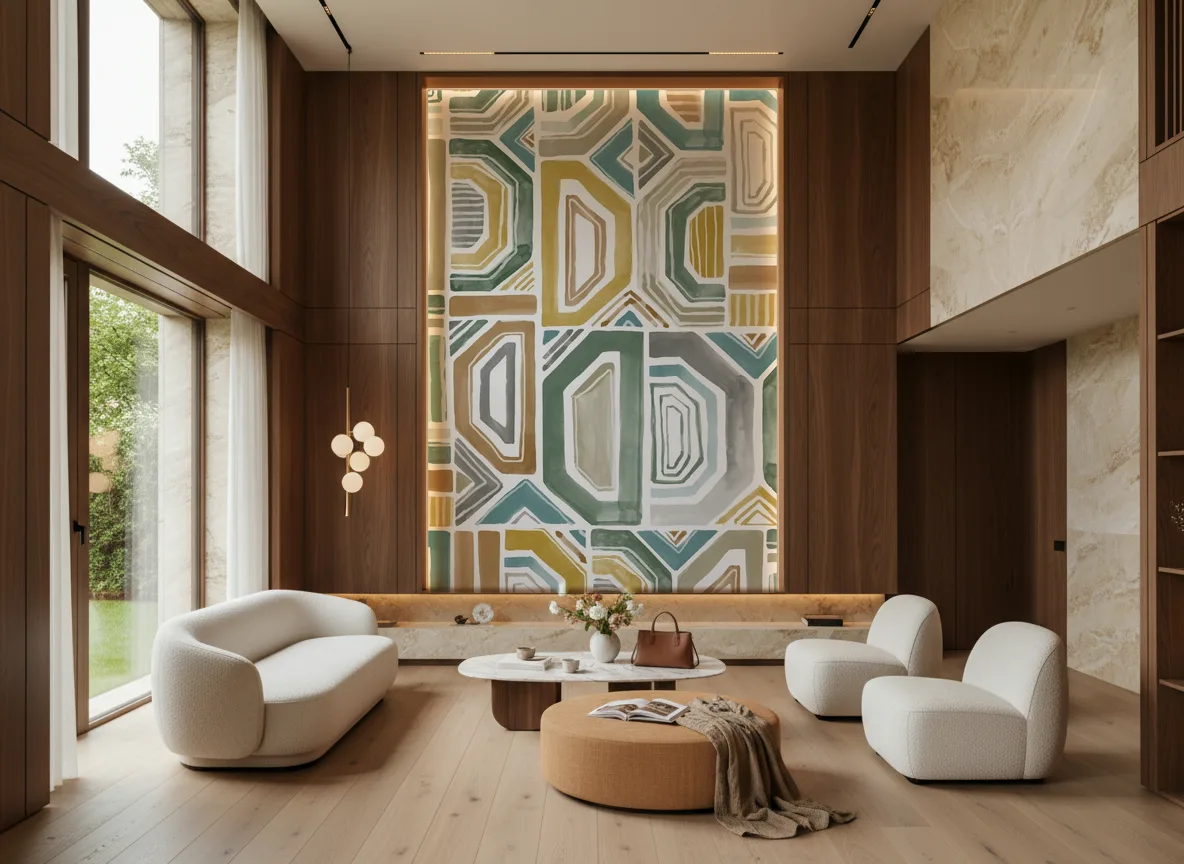 Bogolan — Salon — wysoka ściana w ramie z drewna