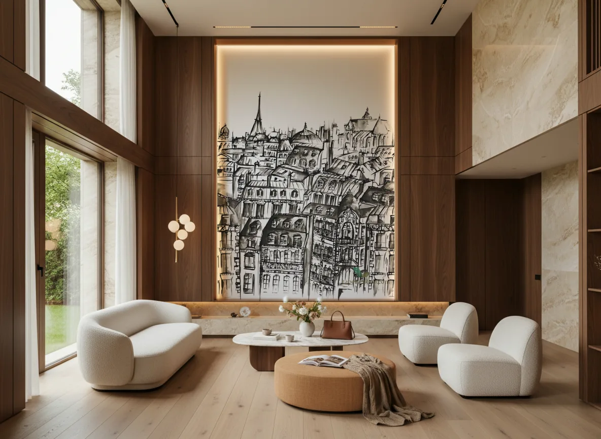 GRANDS BOULEVARDS Panoramas — Salon — wysoka ściana w ramie z drewna