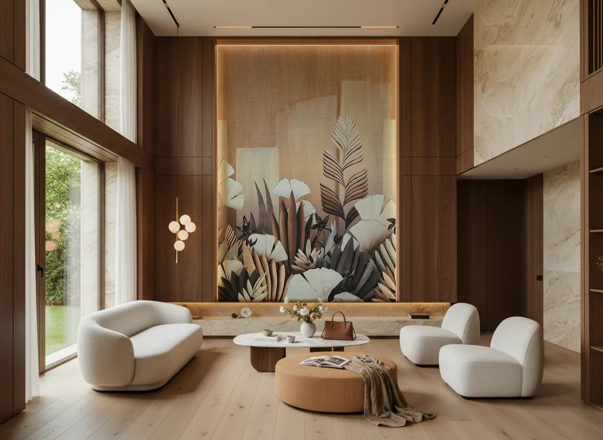 Icho — Salon — wysoka ściana w ramie z drewna