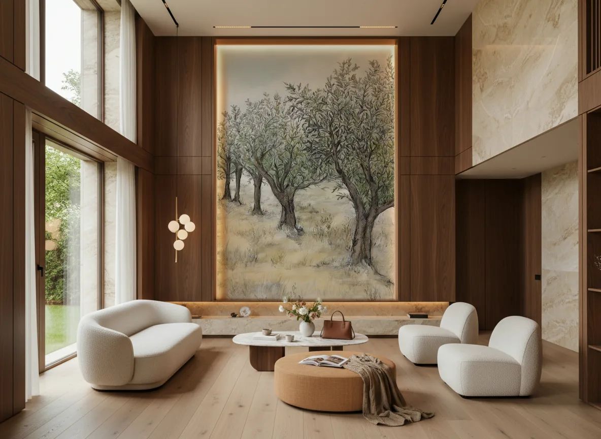 Lauris — Salon — wysoka ściana w ramie z drewna
