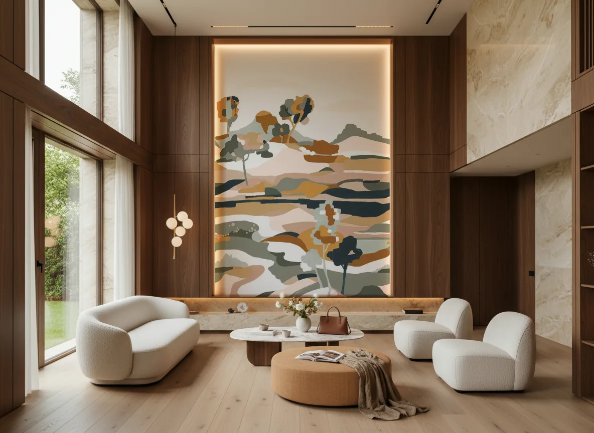 Le Bassin — Salon — wysoka ściana w ramie z drewna
