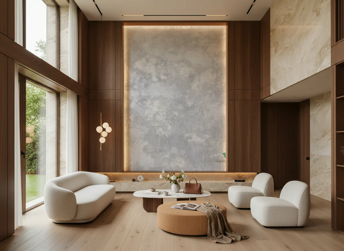 SELVA Panoramas — Salon — wysoka ściana w ramie z drewna