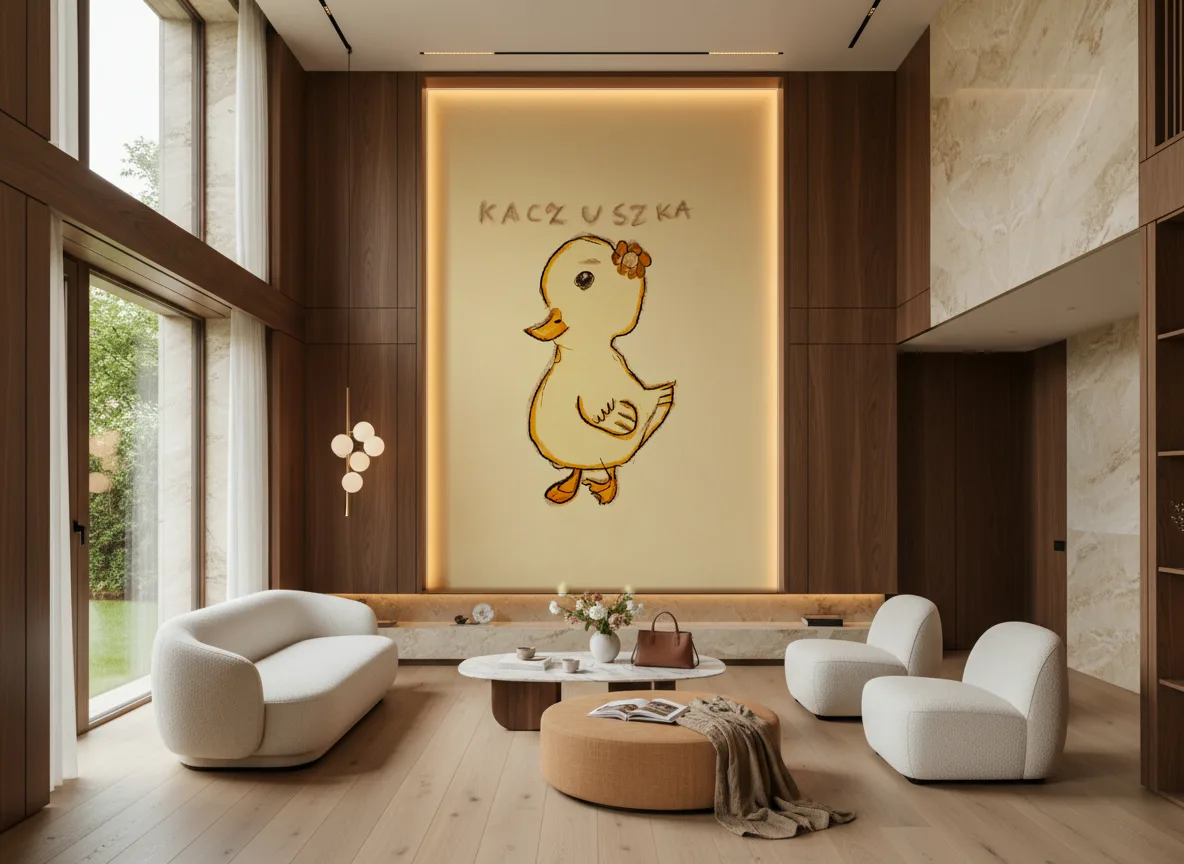 Kaczuszka — Salon — wysoka ściana w ramie z drewna