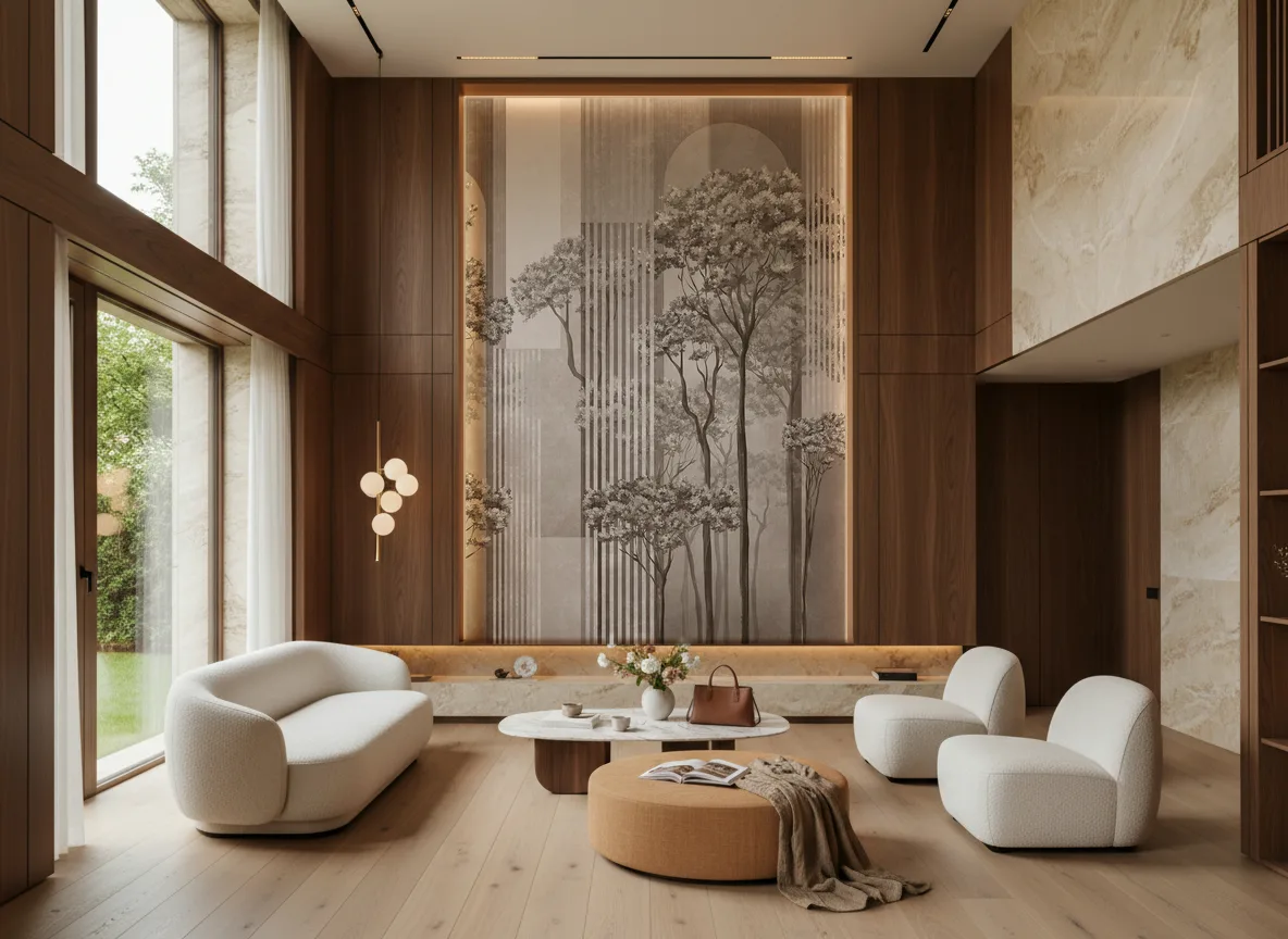 Woodline — Salon — wysoka ściana w ramie z drewna