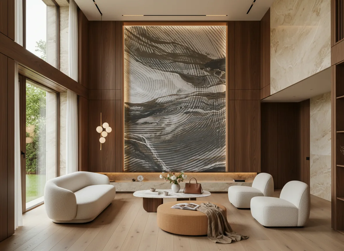Wave Lines — Salon — wysoka ściana w ramie z drewna