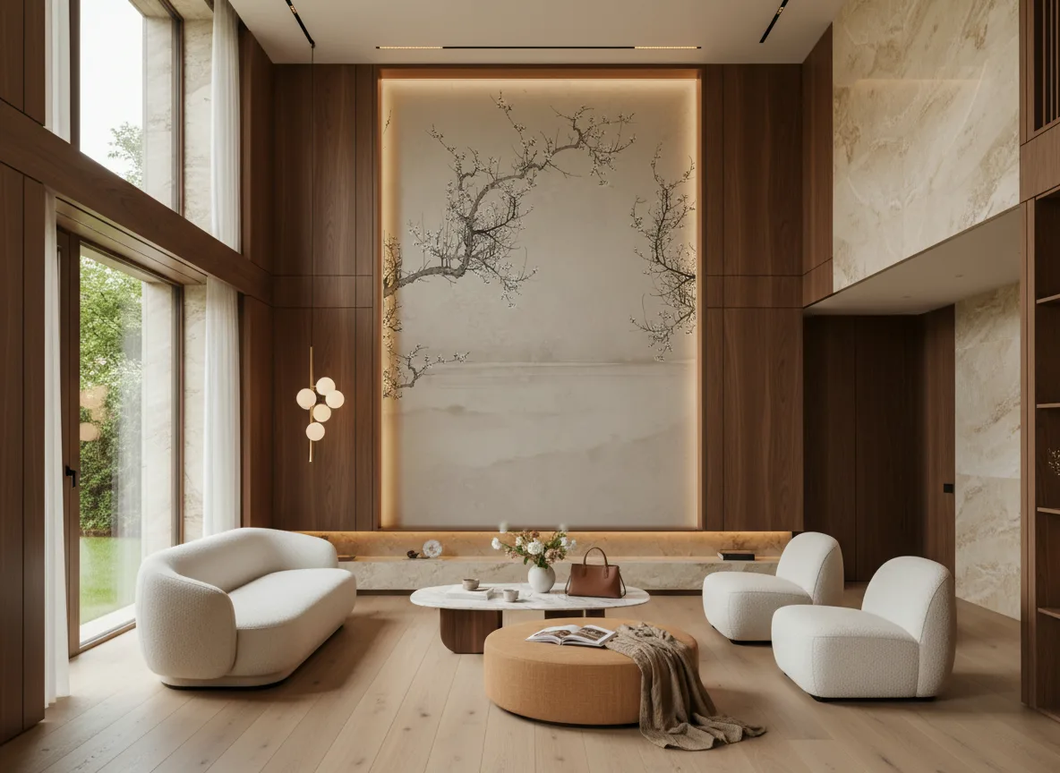Ume — Salon — wysoka ściana w ramie z drewna