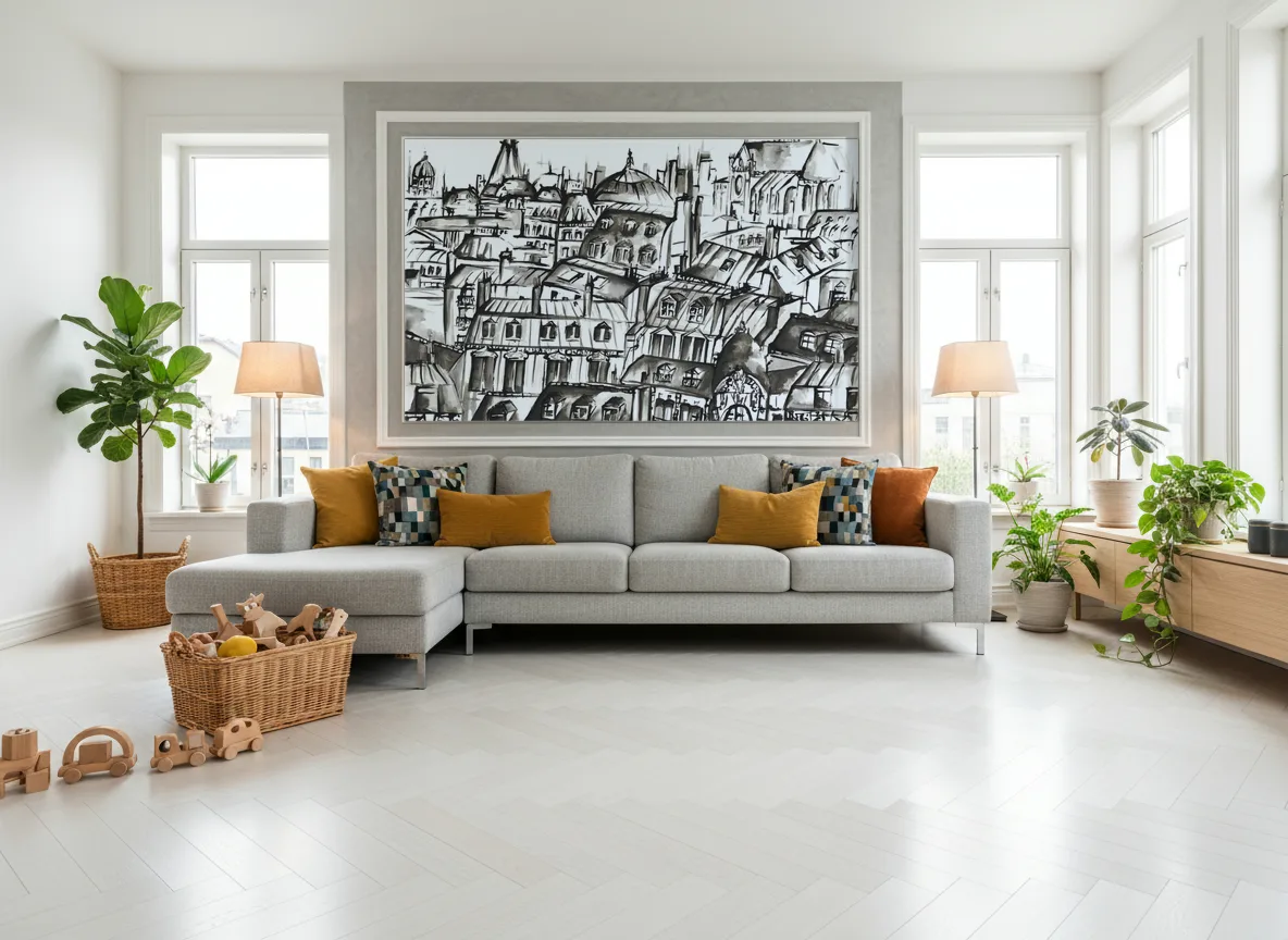 GRANDS BOULEVARDS Panoramas — Jasny salon skandynawski — pole w listwie