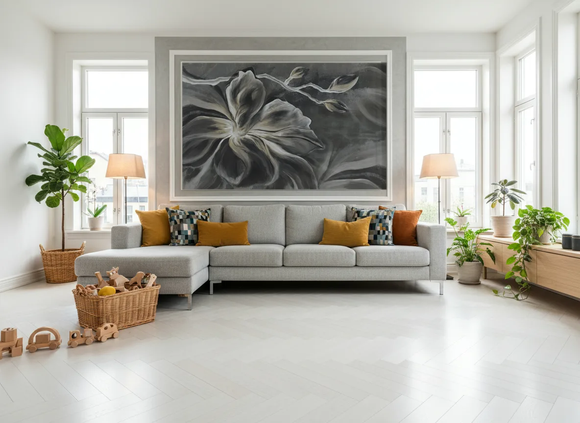 Flower Eye — Jasny salon skandynawski — pole w listwie