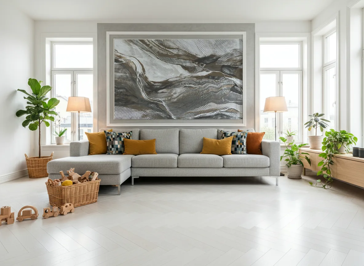 Wave Lines — Jasny salon skandynawski — pole w listwie