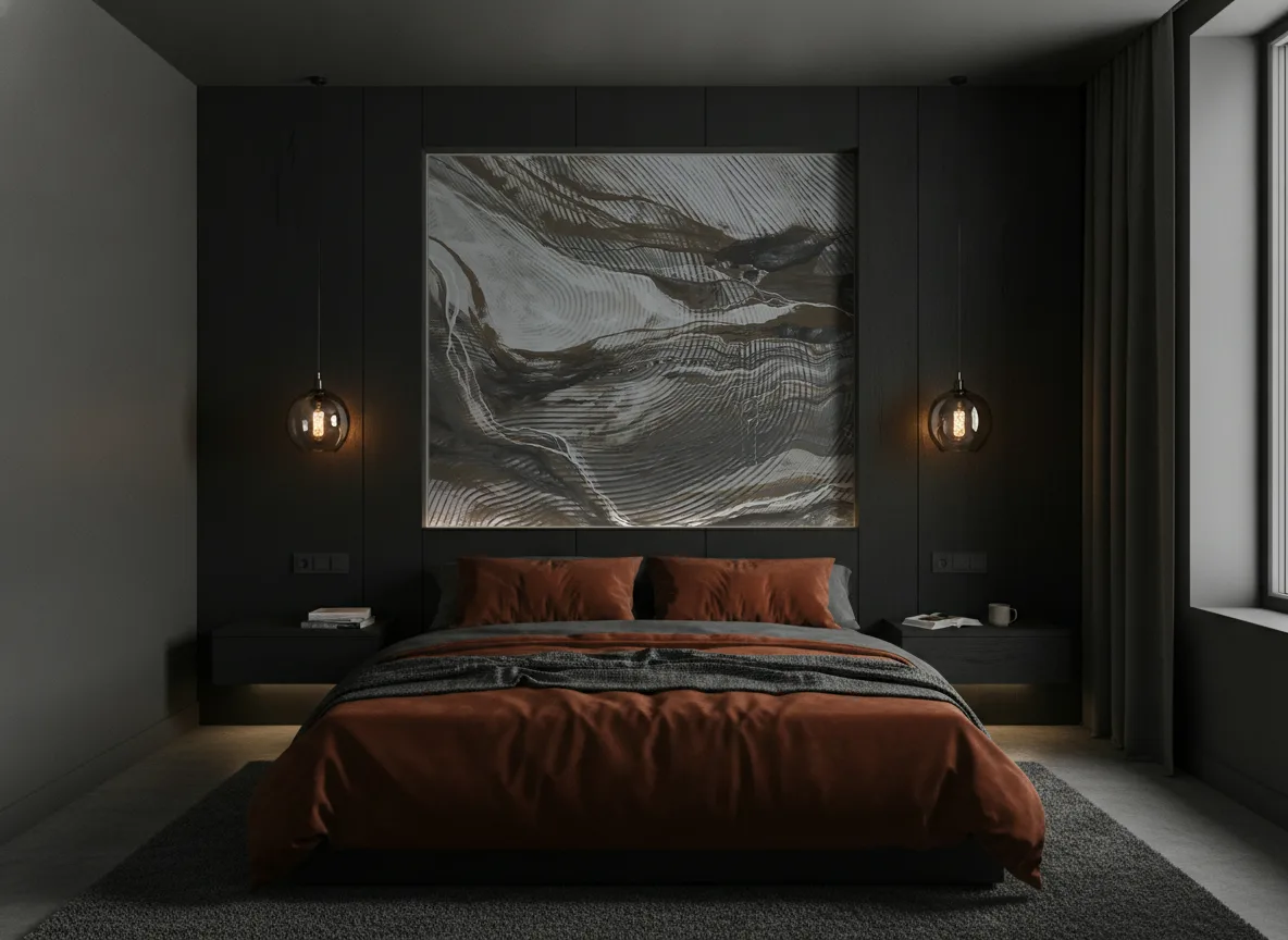 Wave Lines — Grafitowa sypialnia — pole nad łóżkiem