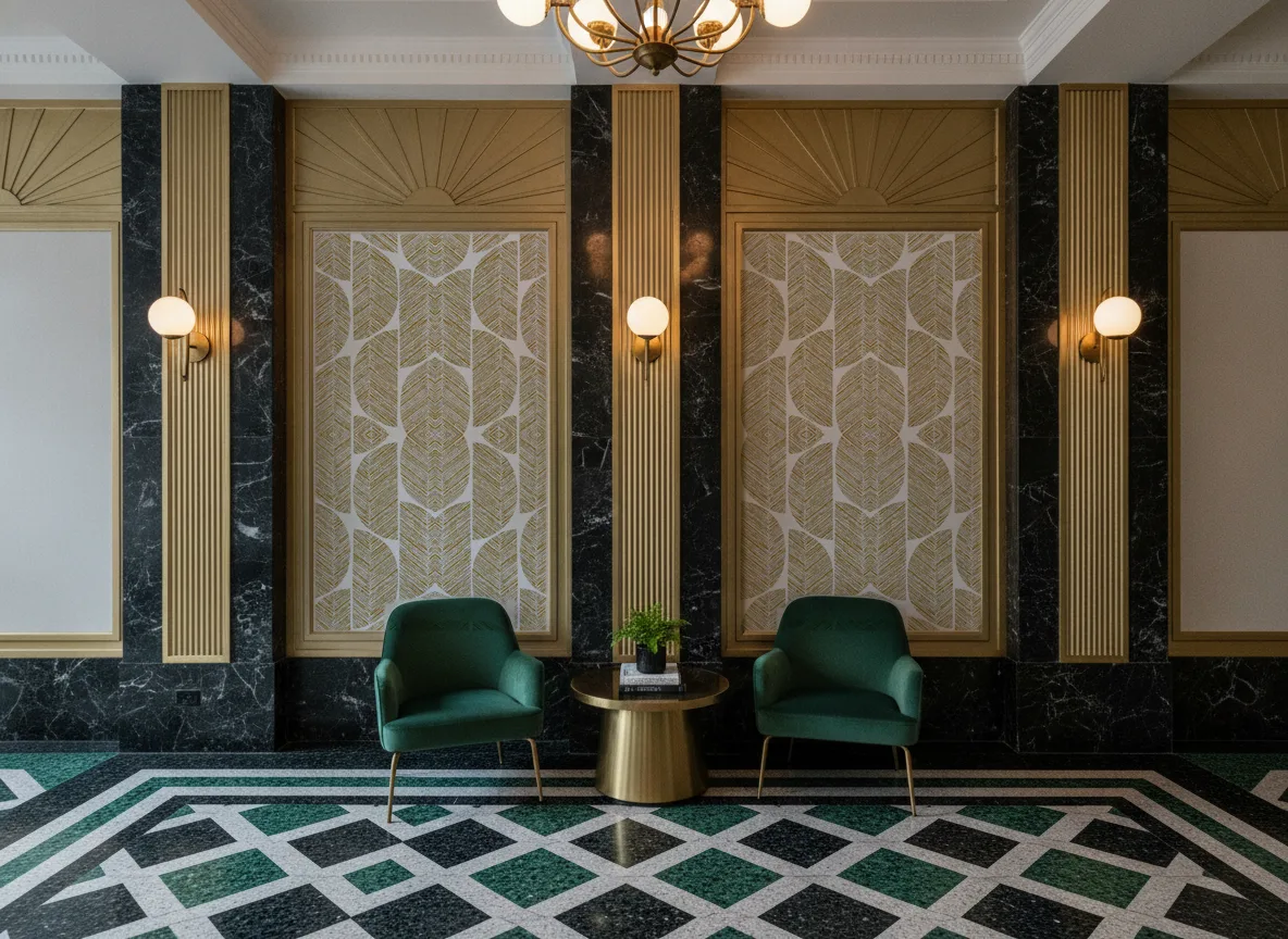Abelia — Lobby art deco — kwatery między mosiężnymi pilastrami
