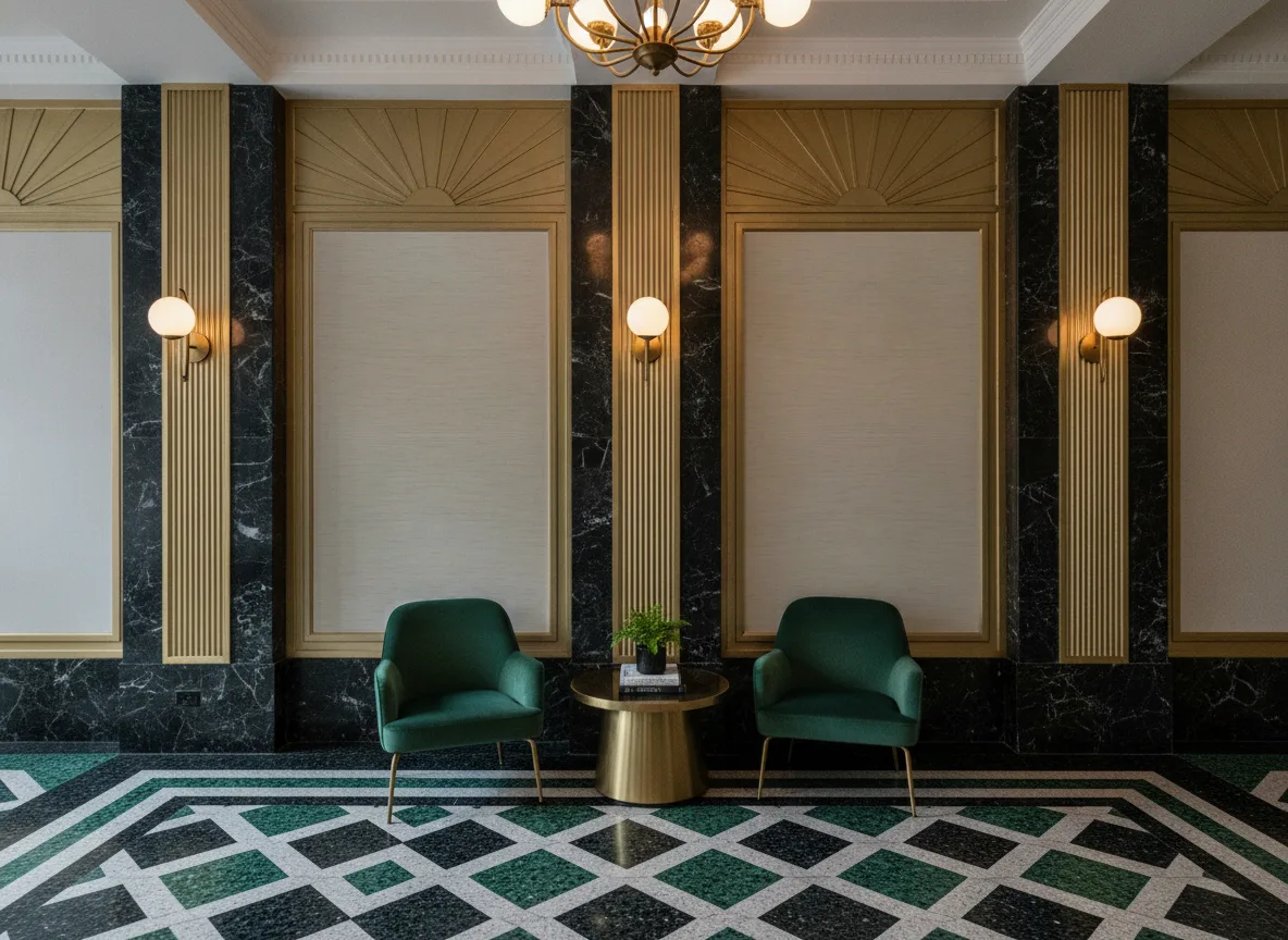 Alsek — Lobby art deco — kwatery między mosiężnymi pilastrami