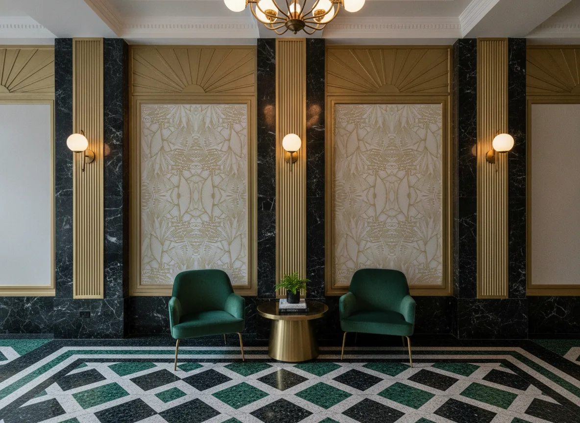 Altaica — Lobby art deco — kwatery między mosiężnymi pilastrami