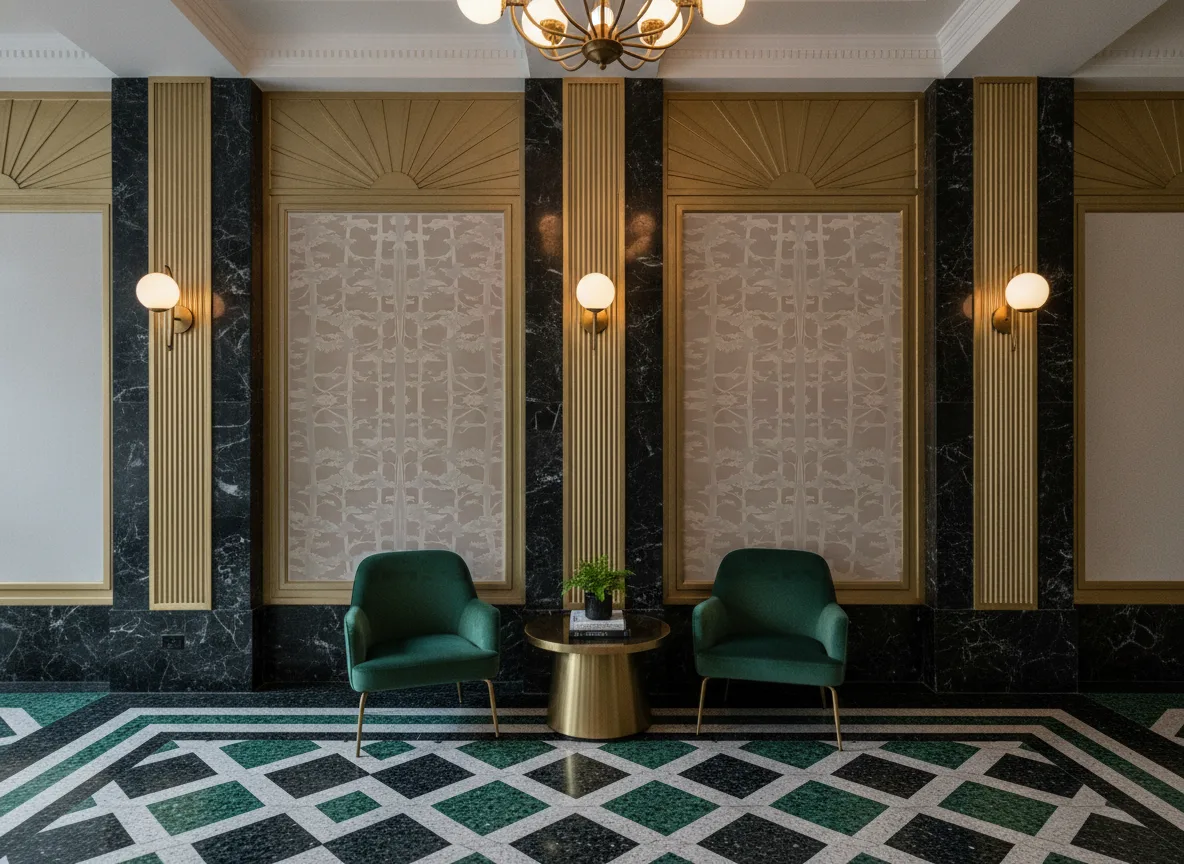 Ame — Lobby art deco — kwatery między mosiężnymi pilastrami