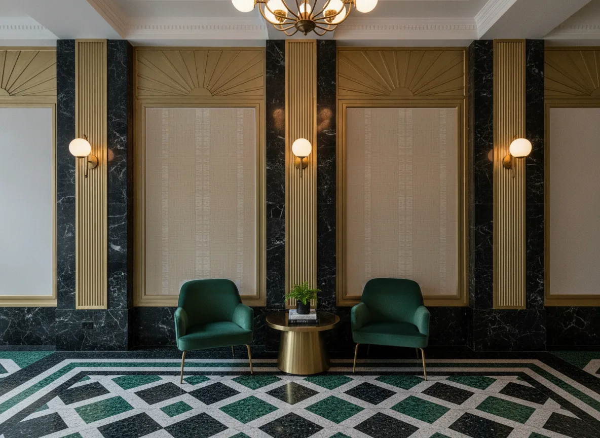 Andati — Lobby art deco — kwatery między mosiężnymi pilastrami