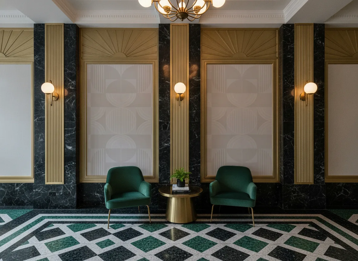 Annees 30 Faubourg des Lumieres — Lobby art deco — kwatery między mosiężnymi pilastrami