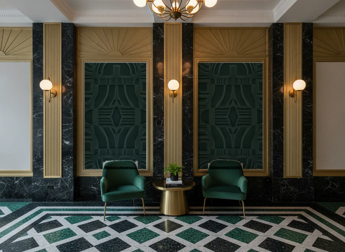 Arcane — Lobby art deco — kwatery między mosiężnymi pilastrami