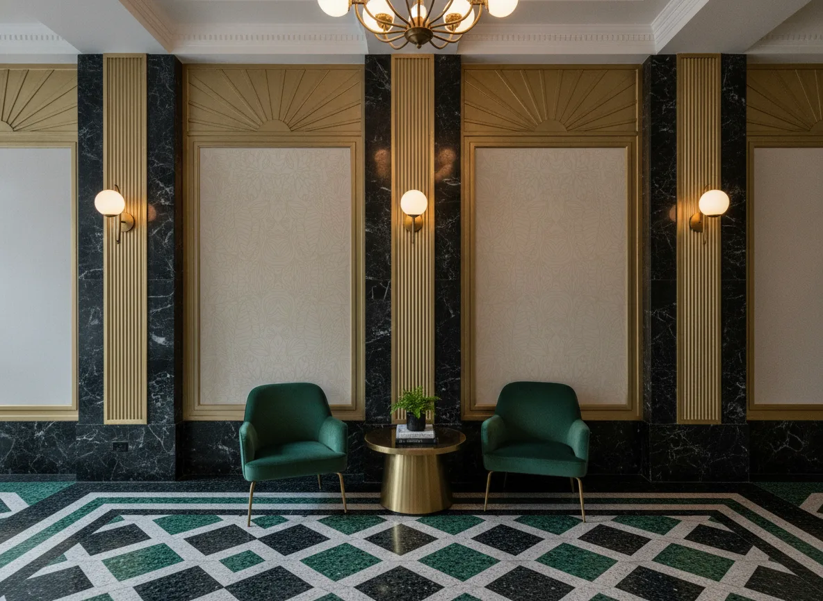 Argania — Lobby art deco — kwatery między mosiężnymi pilastrami