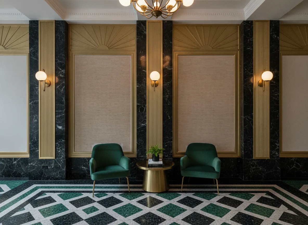 Artois — Lobby art deco — kwatery między mosiężnymi pilastrami