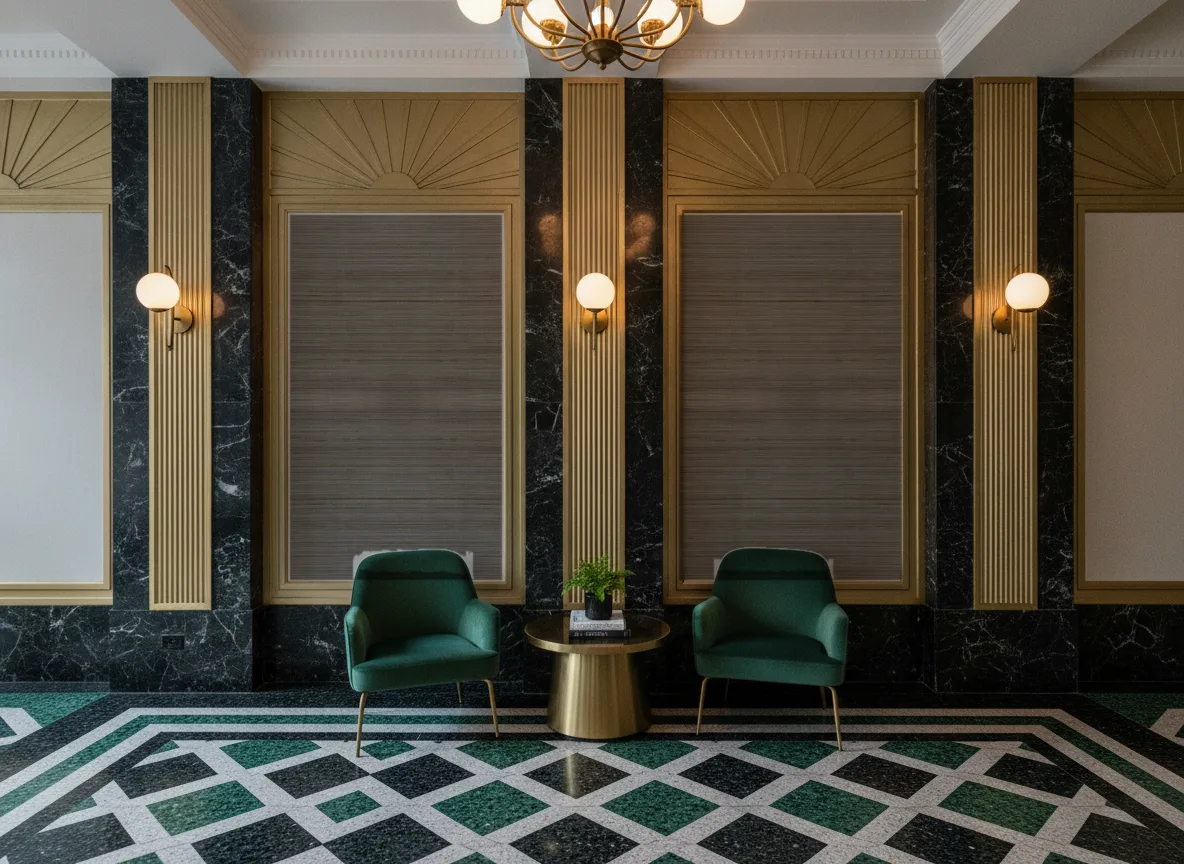 Bambou — Lobby art deco — kwatery między mosiężnymi pilastrami