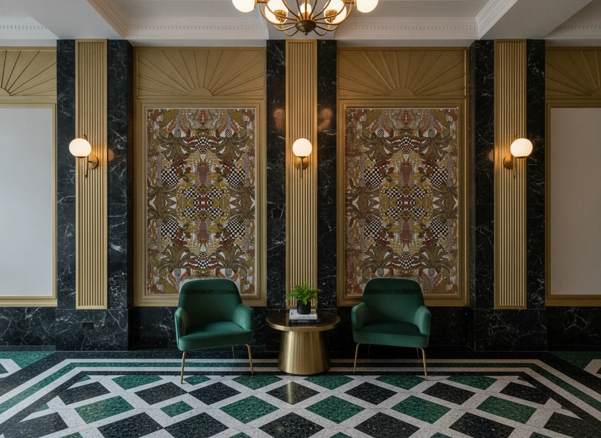 Belize — Lobby art deco — kwatery między mosiężnymi pilastrami