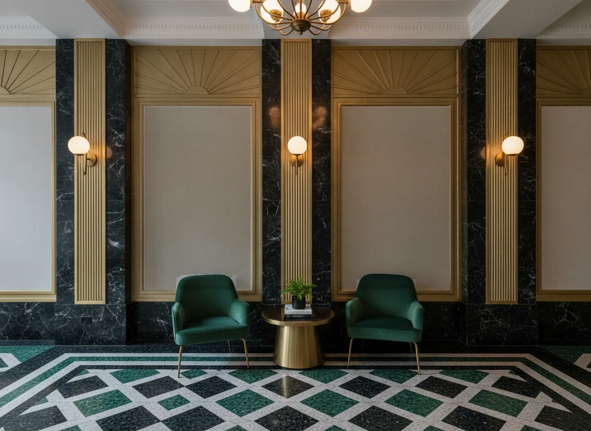 Berenice Magnitude – Textures — Lobby art deco — kwatery między mosiężnymi pilastrami