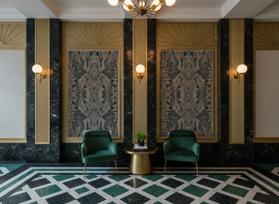 Borromee Jardin Felicia — Lobby art deco — kwatery między mosiężnymi pilastrami