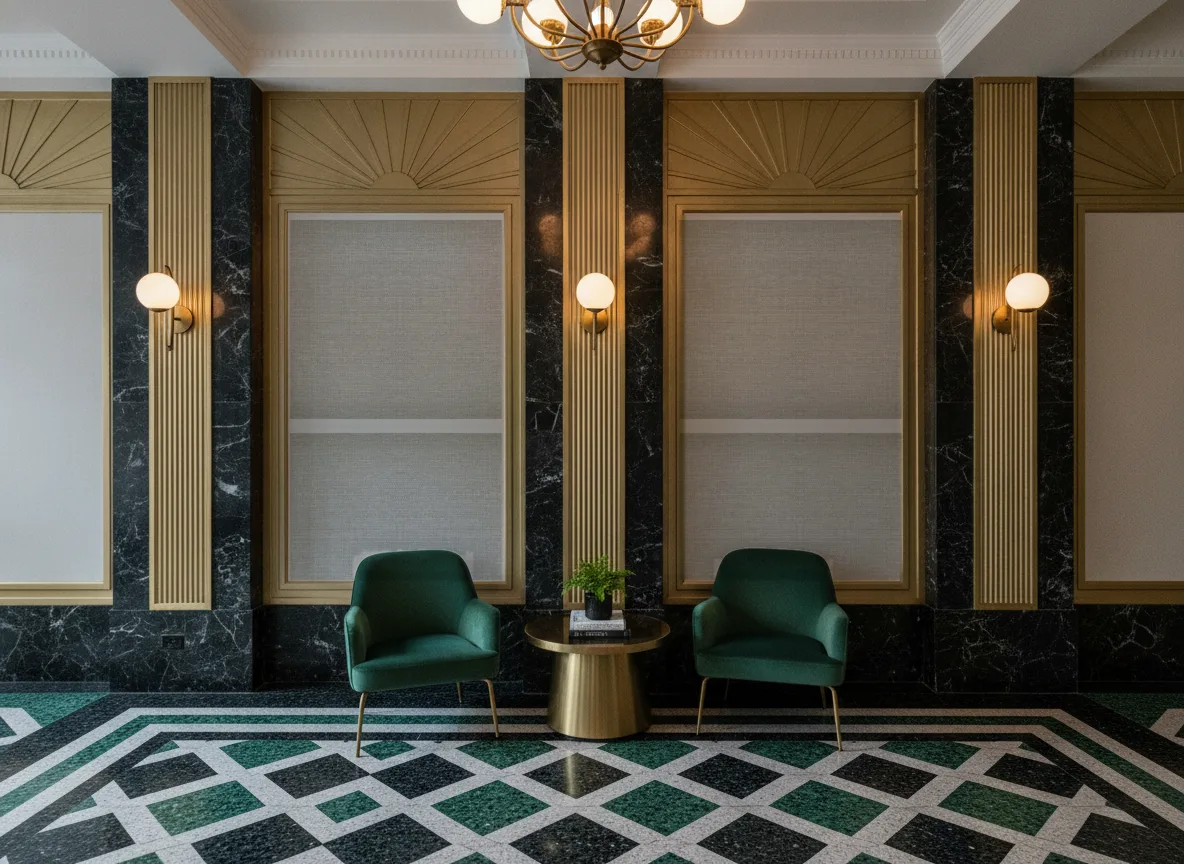Carioca Rio Madeira — Lobby art deco — kwatery między mosiężnymi pilastrami