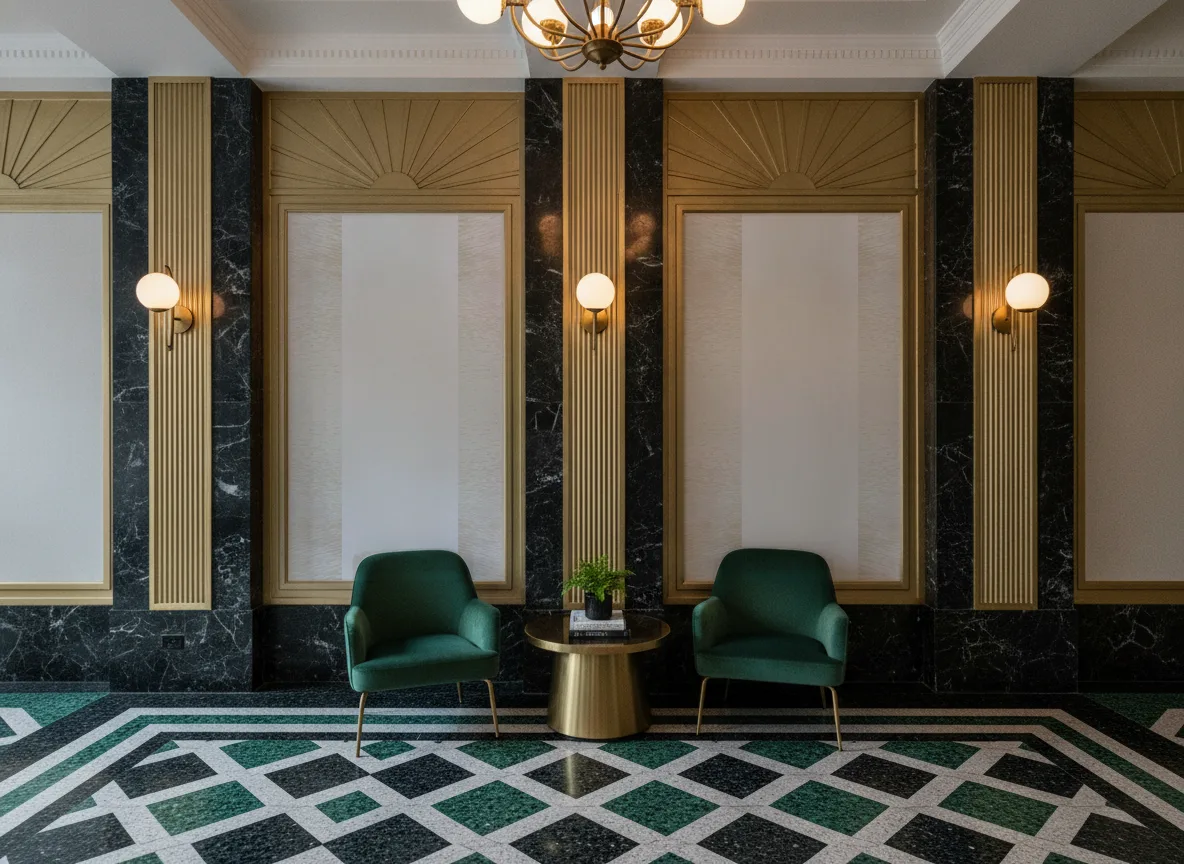 Come — Lobby art deco — kwatery między mosiężnymi pilastrami