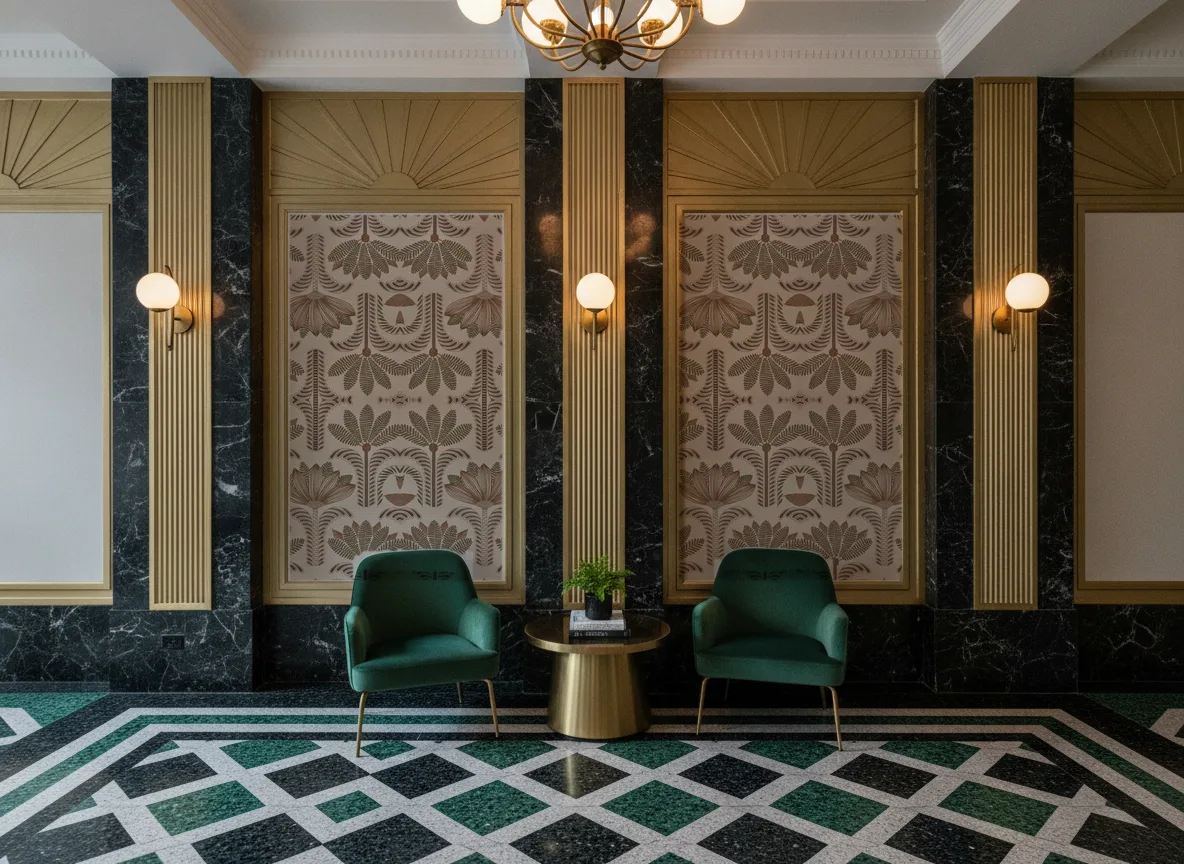 Dattara — Lobby art deco — kwatery między mosiężnymi pilastrami