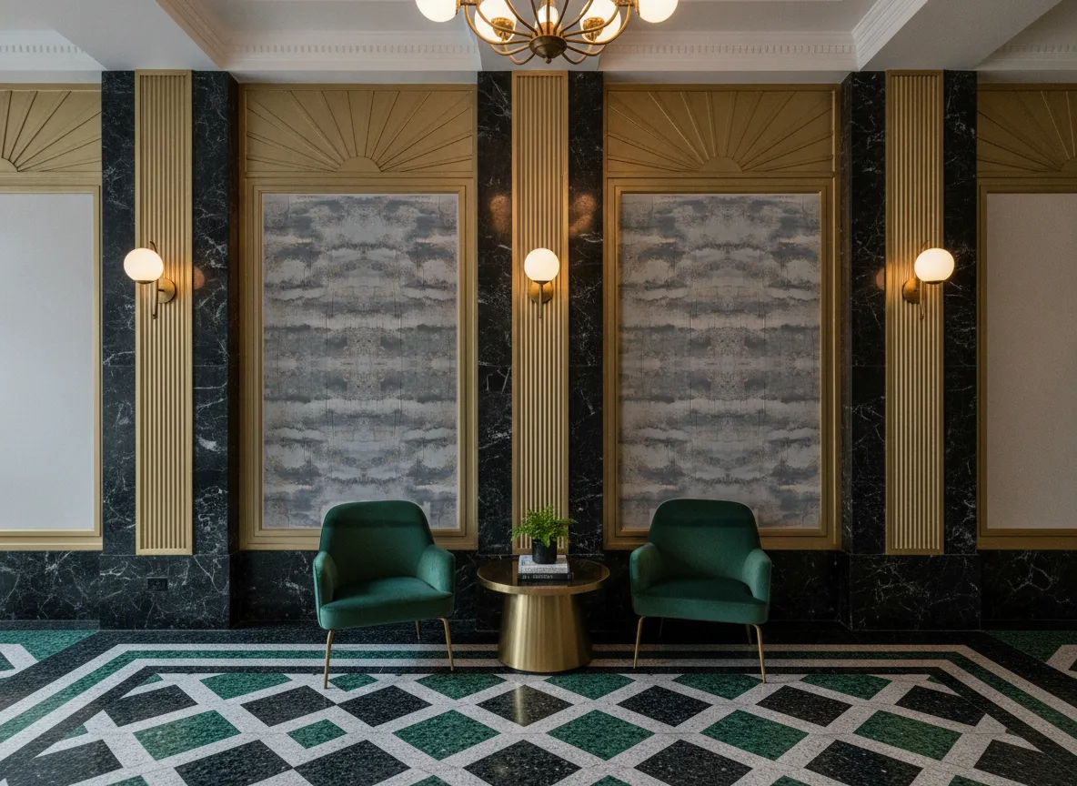 Ephemere Linessence — Lobby art deco — kwatery między mosiężnymi pilastrami